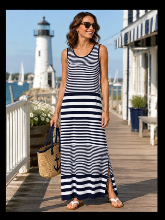 SPANNER Dresses & Skirts - Maxi Dress Nautical Vacation Cruise Blue White Stripe Tall Sleeveless Medium